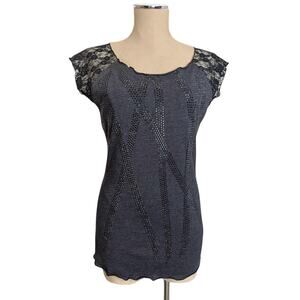 Y2K ROCK & ROLL COWGIRL Gray Black Rhinestones Lace Sleeve Top Shirt T-Shirt  M